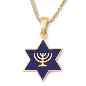 14K Gold Star of David Pendant Necklace with Menorah and Blue Enamel