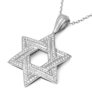 14K White Gold Star of David Pendant with Two Diamond Rows