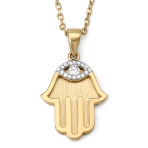 14K Yellow Gold Hamsa Pendant with Diamond Evil Eye - Large