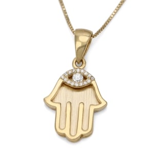 14K Yellow Gold Hamsa Pendant with Diamond Evil Eye - Small