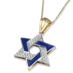 14K Yellow & White Gold Large Star of David Pendant with Blue Enamel and White Diamonds