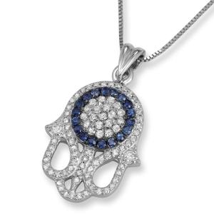 14K White Gold Intricate Diamond Hamsa Pendant with Halo of Sapphire Stones