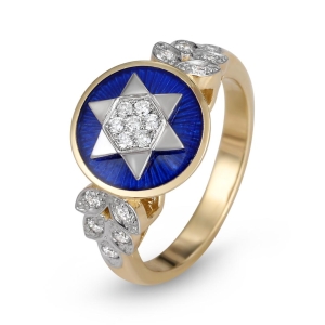 Anbinder Jewelry 14K Yellow & White Gold Star of David & Diamond Olive Branches Ring with Blue Enamel 
