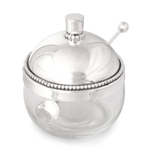 Bier Judaica 925 Sterling Silver and Glass Honey Dish Set With Beaded Design
