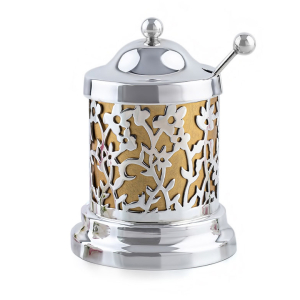 Bier Judaica 925 Sterling Silver Floral Honey Dish with Golden Background