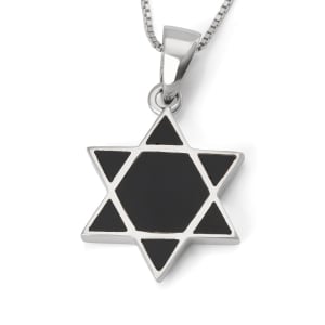 Contemporary Sterling Silver Star of David Pendant Necklace With Onyx Stone