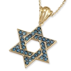14K Yellow Gold Interlocking Star of David Pendant With 36 Blue Diamonds