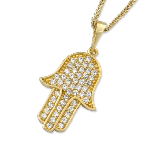 Luxurious 14K Yellow Gold Hamsa Pendant Necklace With Cubic Zirconia Accent