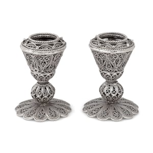 Traditional Yemenite Art Designer Handcrafted Sterling Silver Candlesticks With Filigree Design