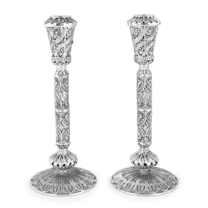 Traditional Yemenite Art Handcrafted Sterling Silver Shabbat Candlesticks With Elaborate Filigree Design