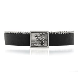 Men's Wide Leather Bracelet with Stainless Steel Chain and Blessing Pendant