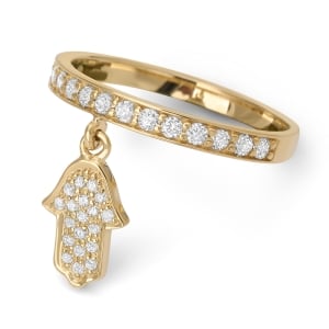 14K Gold Women's Dangling Hamsa Ring with Diamonds - Color Option