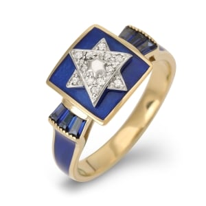 14K Yellow Gold Women's Diamond-Studded Star of David Ring with Sapphire Corundum
