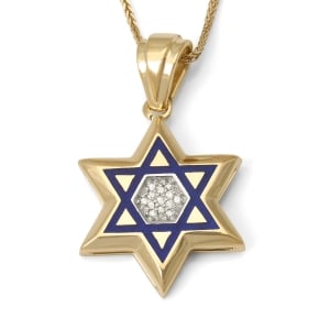 14K Yellow Gold Magen David Pendant with Blue Enamel and Diamonds