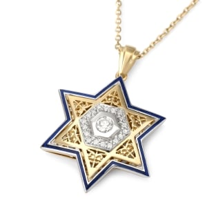 14K Gold Unisex Star of David Pendant with Diamonds and Enamel - Color Option
