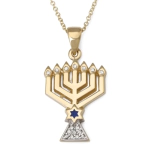 Women's 14K Gold Menorah Pendant with Star of David and Diamonds