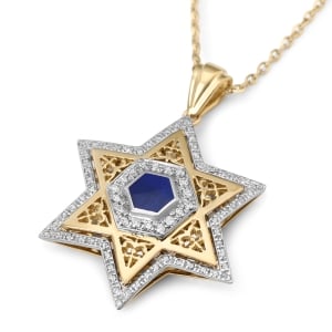 Women's 14K Gold Large Star of David Pendant with Diamonds and Enamel - Color Option