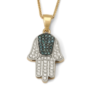 14K Gold Hamsa with Blue and White Diamonds