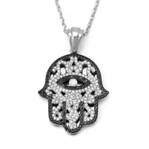 14K Gold Hamsa and Evil Eye Pendant with Black and White Diamonds