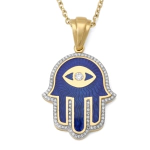 Large 14K Gold and Enamel Hamsa with Evil Eye and Diamonds