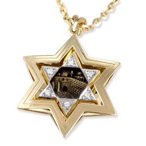 14K Gold Star of David Pendant with Diamonds and Western Wall Motif