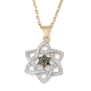 14K Gold Stylish Doubled Star of David Pendant with Black and White Diamonds