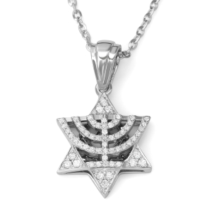 14K Gold Women's Menorah and Star of David Pendant with Diamonds - Color Option
