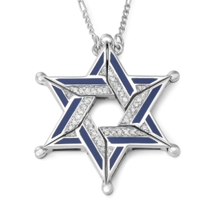 14K White Gold Openable Star of David Necklace with White Diamonds and Blue Enamel