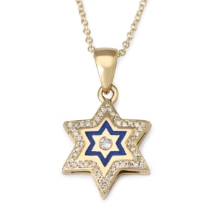 14K Yellow Gold Star of David Pendant with 49 Diamonds and Enamel