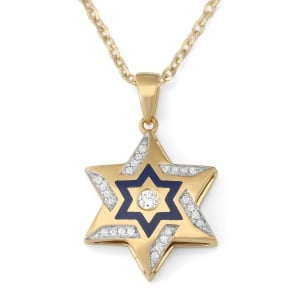 14K Gold Star of David Pendant Necklace for Women with Diamonds and Navy Blue Enamel