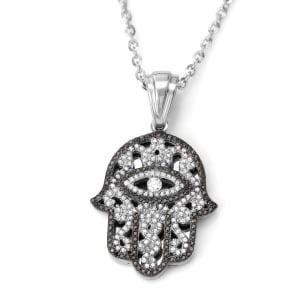 14K Gold Women's Hamsa Pendant with Evil Eye and Black & White Diamonds