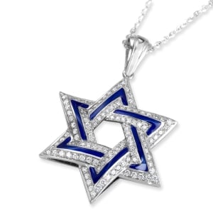 114-Diamond 14K White Gold and Blue Enamel Star of David Pendant Necklace