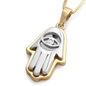 14K Yellow and White Gold Layered Hamsa Pendant Necklace with Evil Eye Motif