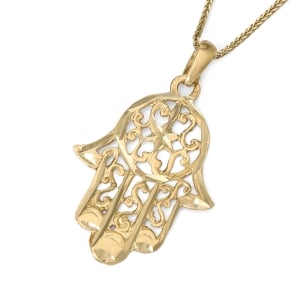14K Gold Women’s Hamsa Pendant with Star of David and Intricate Design