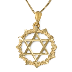14K Gold Large Unisex Star of David Pendant with Filigree-Designed Circle