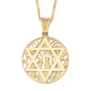 14K Gold Star of David and Chai Pendant with Tree of Life Background - Unisex