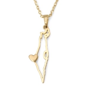 14K Gold Map of Israel with Heart Women's Pendant Necklace 
