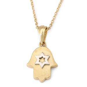 14K Gold Hamsa and White Gold Star of David Pendant Necklaсe for Women