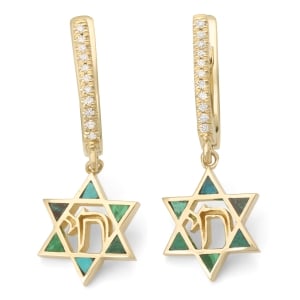 14K Gold Chai and Star of David Dangling Earrings with Diamonds and Eilat Stone