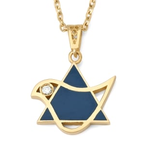 14K Gold Dove and Star of David Pendant with Diamond and Blue Enamel