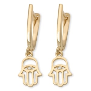 14K Gold Hamsa and Evil Eye Dangling Earrings with Diamonds - Yellow or White Gold