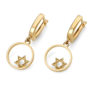 14K Gold Small Round Star of David Dangling Earrings