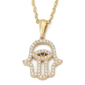 Women's 14K Gold Diamond Studded Hamsa Outline Pendant with Sapphire