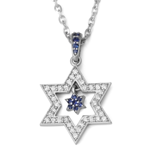 Women's 14K White Gold Double Dangling Star of David Pendant with Diamonds & Sapphires