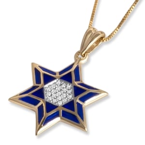14K Yellow Gold Star of David Pendant with Blue Enamel and Diamonds