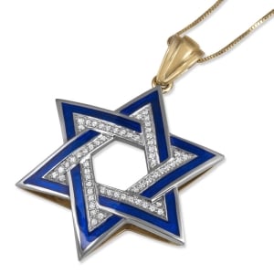 Large Two-Toned 14K Gold Star of David Pendant with Blue Enamel and White Diamonds