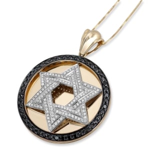 14K Gold and Diamond Star of David Disk Pendant with Black Diamond Border