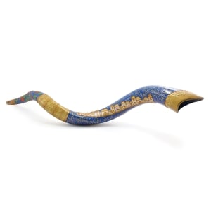 Jerusalem and Pomegranates Hand Painted Kudu Shofar – Gold and Blue 