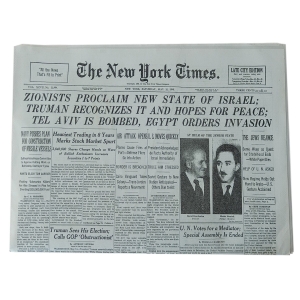 New York Times Reprint - May 15, 1948 - Birth of Israel