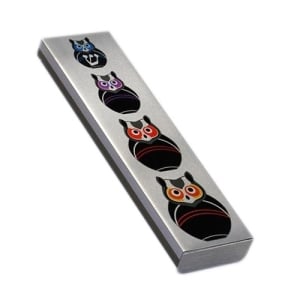Ofek Wertman Handmade Aluminum Mezuzah Case with Shin - Owls 